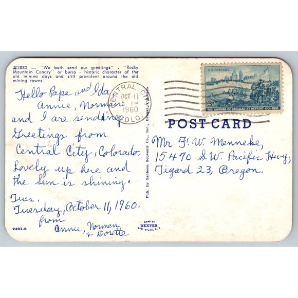 Postcard Colorado Central City Rocky Mountain Canary or Burro Posted 1960 Stamp - Picture 2 of 2
